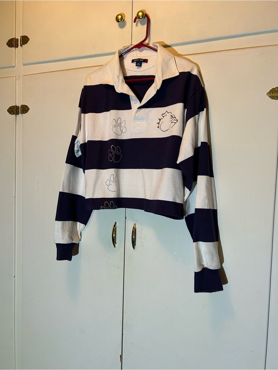 Sport-Tek Tops - Sport-Tek Navy and Cream Striped Rugby Polo